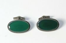 Vintage Boho Sterling Silver Dark Green Polished Oval Stone Cufflinks 1 1/4"