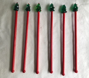 5 Art Glass Christmas Tree Swizzle Sticks Cocktail Stirrers Barware Vintage - Picture 1 of 4