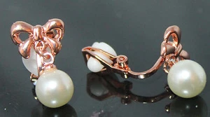 Classic Rose Gold Tone Bow w/ Pearl Drop Girls Womans CLIP ON Earrings - Picture 1 of 2