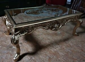 TABLE - BAROQUE STYLE ROUND COFFEE TABLE WITH GLASS TOP GOLD #ROM12