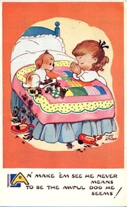 Mädchen spricht Gebete schlammiger Welpe beobachtender Künstler signiert Mabel Lucie Attwell #5763 - Bild 1 von 2