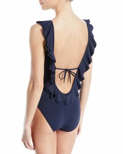 CORAL PINK uk12 Swimsuit Plunge Onepiece Deep Low Sexy Ruffles CALVIN KLEIN US10 - Picture 1 of 5