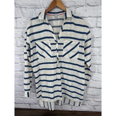 Camisa tribal a rayas manga larga abotonada para mujer talla S azul blanco algodón Foto 1 de 4