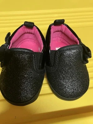 Laura Ashley Baby Black Glitter & Faux Patent Leather Shoes With Bow Size 1 - Image 1 of 4