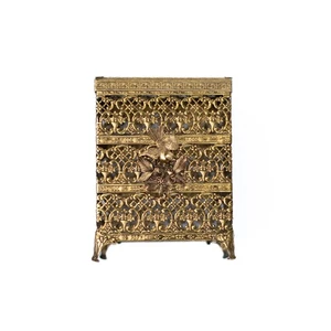 Vintage Gold Metal Filigree Tissue Box Holder Floral Bird Design Hinged Lid 6" - Picture 1 of 8