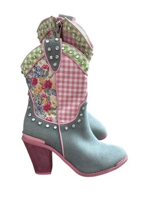 Muñecas Kill Pastel Patchwork Botas Rosa Guinga Floral Estrás Denim Talla 5 Foto 1 de 4