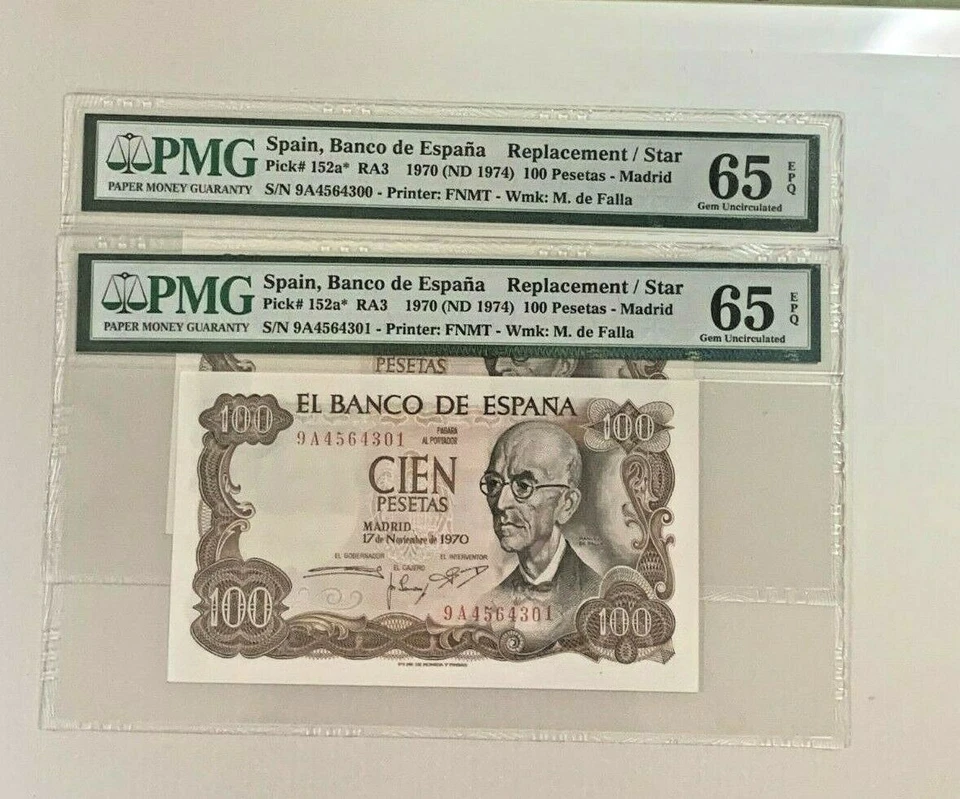 1970 Spain 100 Pesetas P-152a* "REPLACEMENT/STAR" PMG 65 EPQ Pair - Image 1 of 4