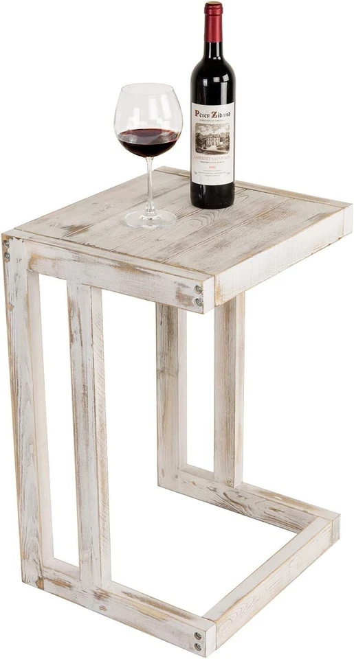 Living Room White Wood C Shaped Side Table End Table, Under The Couch TV Table - Image 1 of 4