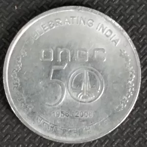 INDIA 2006 FIVE RUPEES STAINLESS STEEL 50 YEARS ONGC CIRCULATED COMMEMORATIVE - Picture 1 of 2