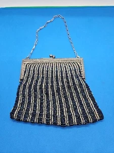 Antique Blue Beaded Mesh Purse w/ Ornate Metal Frame - Picture 1 of 17