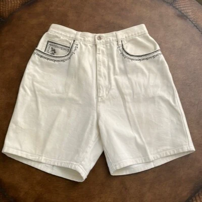 Pantalones Cortos de Jean Vintage Para Mujer 12 Bill Blass Blanco Bordado Cintura Alta Años 90 Foto 1 de 4