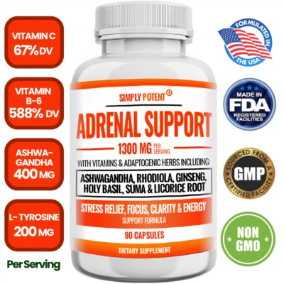 Suplemento de suporte adrenal 1300mg alívio do estresse e gerenciador de cortisol 90 comprimidos - Imagem 1 de 4