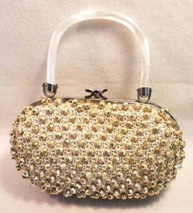 Vtg Silvery GREY BEADED Handbag WHITE MOONGLOW Plastic Handle HONG KONG PURSE - Picture 1 of 7