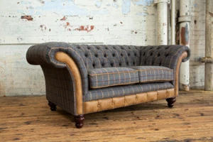 HANDMADE 2 SEATER TAN BROWN TWEED CHECK HERRINGBONE WOOL CHESTERFIELD SOFA COUCH - Picture 1 of 7