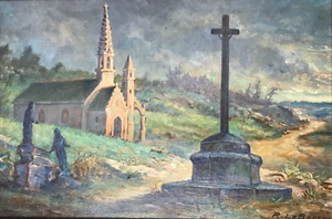 Painting CHAPEL signed Le BICCON calvary painting BRITAIN vintage antique 1 - Picture 1 of 7