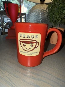 2015 Deneen Pottery Mug Peace Coffee Minneapolis -Smiling Cup- Red - 12oz - RARE - Picture 1 of 10
