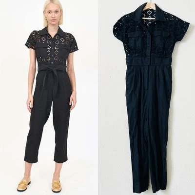 Christy Lynn SMALL Chase black linen blend eyelet lace jumpsuit - Image 1 of 4