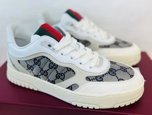 GUCCI Women's Re-Web Low Top GG Canvas & Leather Sneakers, Beige &Blue 38EU/ 8US - Picture 1 of 16
