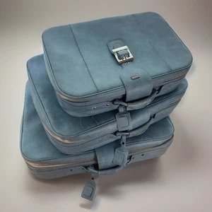 Vintage Teal Meridian Luggage Set 3pc Mid Century Suitcases w/ Keys & Tags - Picture 1 of 17