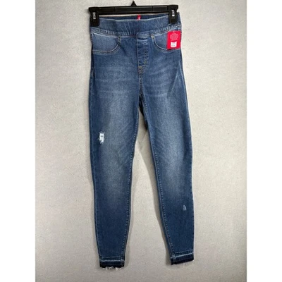 SPANX Distressed Denim Leggings XS TP Blue Frayed Hem High Rise MSRP $128 - Image 1 of 4
