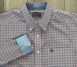 Ariat-Long Sleeve Button Down Shirt-Wrinkle Free-Men's XL- Orange Navy-Western - Picture 1 of 15