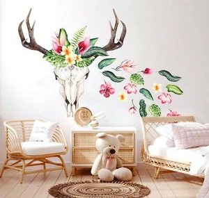 Bohemian Deer Head Antlers Jungle Coconut Leaf Palm Wall Decal Sticker Room Deco - Bild 1 von 5