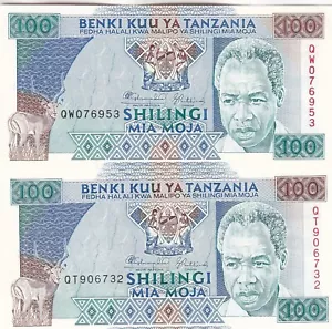 Tanzania, 100 scellini, 1993, UNC, p24, (totale 2 banconote), numero di serie: QW0 - Foto 1 di 2