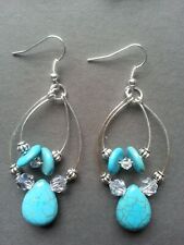 Earrings Handmade Natural Turquoise & Crystal Double Hoop Chandelier Drop Dangle