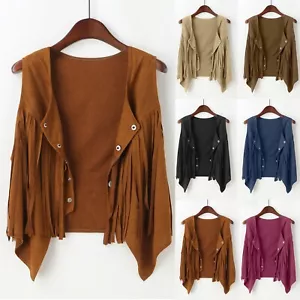 Fringe Vest Women Faux Suede Open-Front Vintage Vest Sleeveless 70s Hippie - Picture 1 of 42