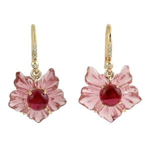 18K Yellow Gold Pink Tourmaline Flower Drop Earrings with Diamonds Luxury Gift - Picture 1 of 6