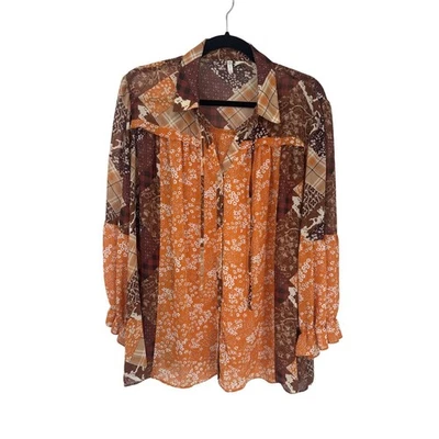 Top Western Cato Transparente Botón Frontal Mujer Plus 18/20W Naranja Marrón Vacaciones Otoño Foto 1 de 4