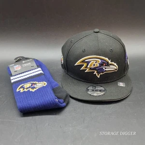 NEW Set Baltimore Ravens Crew Socks 4 Stripe & 9Fifty SnapBack Adjustable Hat - Picture 1 of 13