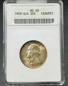 1953 S S/S 25c Washington Quarter Coin Variety MS65 RPM 001 ANACS Neat Toning - Picture 1 of 2