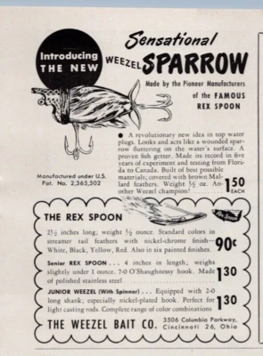 Señuelo de pesca Weezel Sparrow 1948 Weezel Bait Company anuncio impreso volante hombre cueva Foto 1 de 2