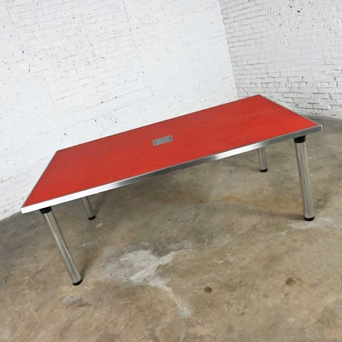 Modern Red Marmoleum & Chrome Powered Custom Work or Dining Table Black Accents Cover