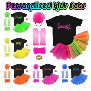 80's Kids Fancy Dress Personalised Custom Neon Costume Glow Party Birthday Name - Picture 1 of 15