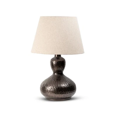 Lamp Large Antique Bronze Living Room Bedroom Bedside Round Metal Fabric Shade - Image 1 of 4
