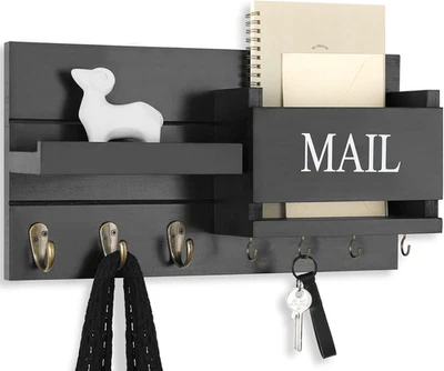 Wall-Mounted Mail Organizer with Key Holder & Shelf - Rustic Black Decor - Image 1 of 4