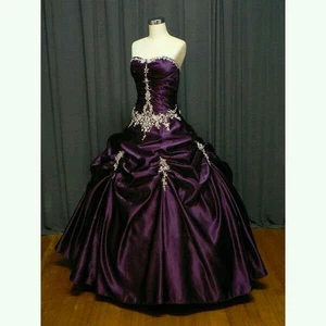 Dark Purple Gothic Satin Wedding Dress Sweetheart Ruching Gold Lace Bridal Gown - Picture 1 of 4
