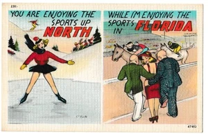 SPORTS UP NORTH Ice Skating vs FLORIDA Horse Racing Comic FL Postcard Linen - Picture 1 of 2