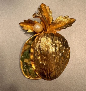Capri Gold Tone Fruit Walnut Design Brooch with Faux Pearl & Jade Beautiful - Picture 1 of 3