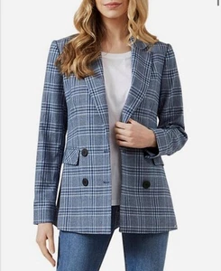 French Connection Jacket Women 10 Blue Blazer Relaxed Check Print - Picture 1 of 23