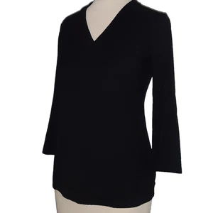 Talbots Petite PS Black 3/4 Sleeve V Neck Heavy Rayon Knit Stretchy Blouse Top - Picture 1 of 4