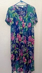 La Cera Vintage Maxikleid Blumen Knopfleiste Gr. M grün blau lila leicht  - Bild 1 von 8