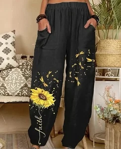 New Women's Floral Print Cropped Pants, Elastic Waistband, Pockets XXL - Picture 1 of 3