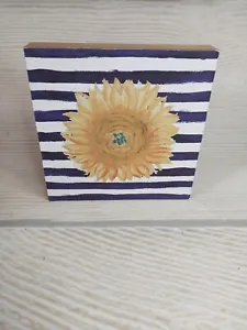 New! Sunflower with Blue Stripes Floral Box Frame Wood Sign Spring Farmhouse  - Picture 1 of 9