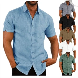 Camisa de playa de lino para hombre manga corta de algodón de algodón liso camisa de solapa de verano - Imagen 1 de 20