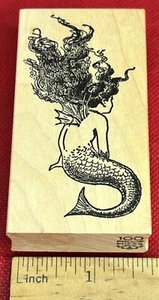 Vintage Back Of Mermaid Wings Ocean Wood Mounted Rubber Stamp 100 Proof Press - Picture 1 of 4