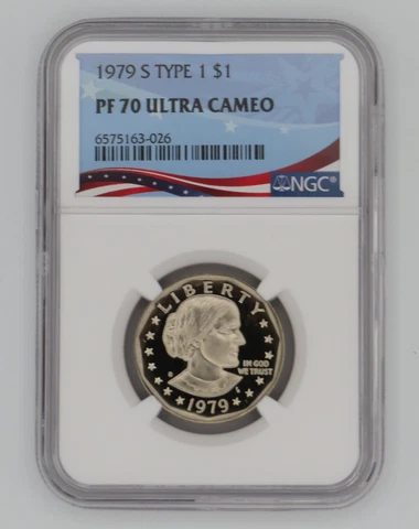 1979 S Type 1 Susan B. Anthony Dollar Coin NGC w/Flag Label PF 70 Ultra Cameo Cover