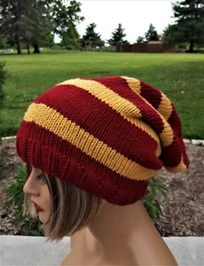 Burgundy and Gold Slouchy Hat Hand-Knitted - Picture 1 of 4